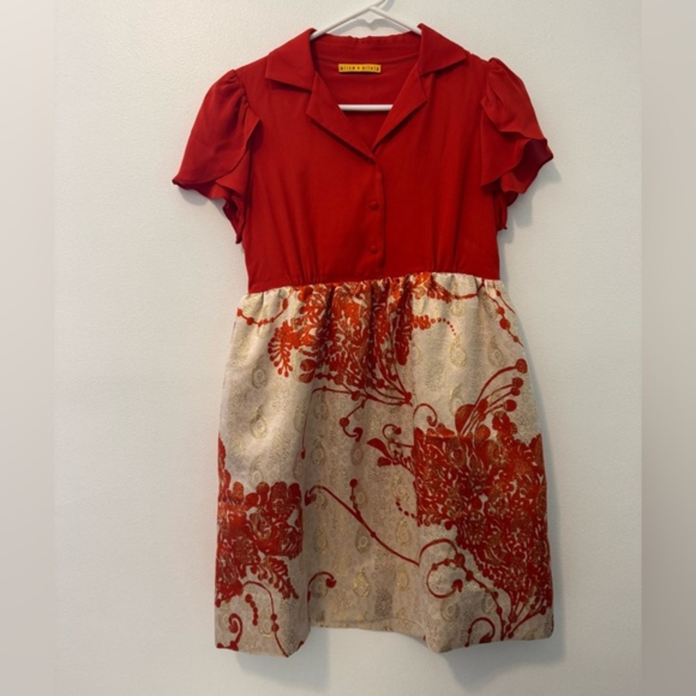 Alice + Olivia Red and Cream Puff Sleeve Sundress